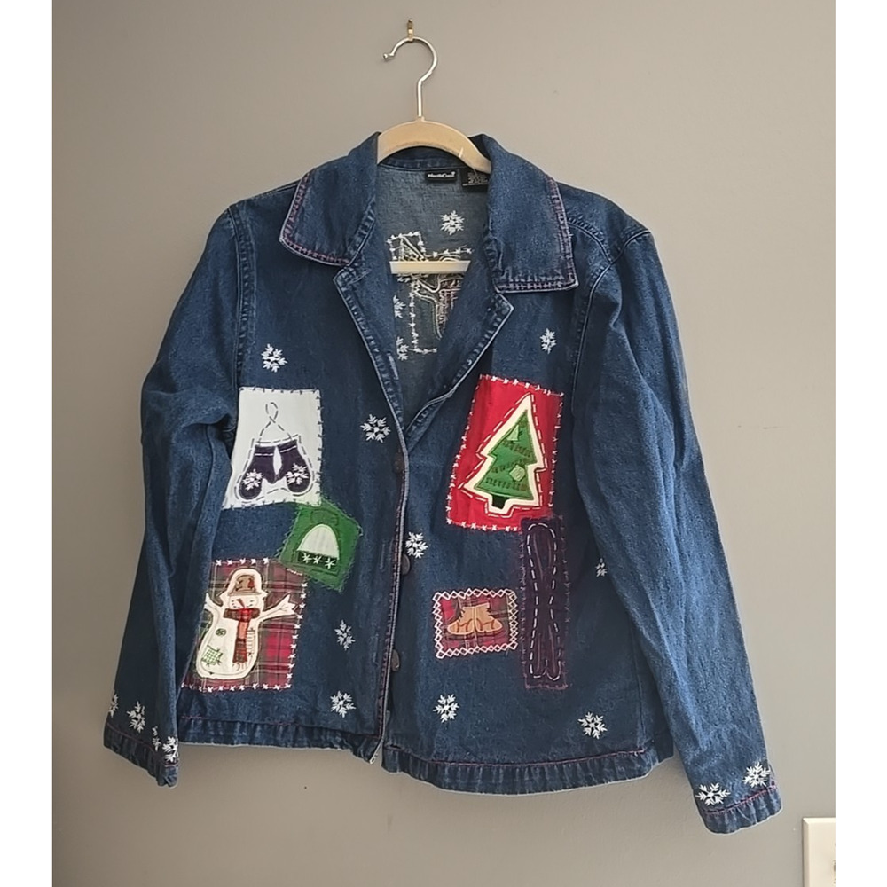 Vtg Blue Denim Embroidered Patched‎ Snowman Christmas Jacket Womans Size Large
